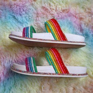 Rainbow Glitter Pool Slides Never Worn Beachwear Women's Size 8.5 Sandals